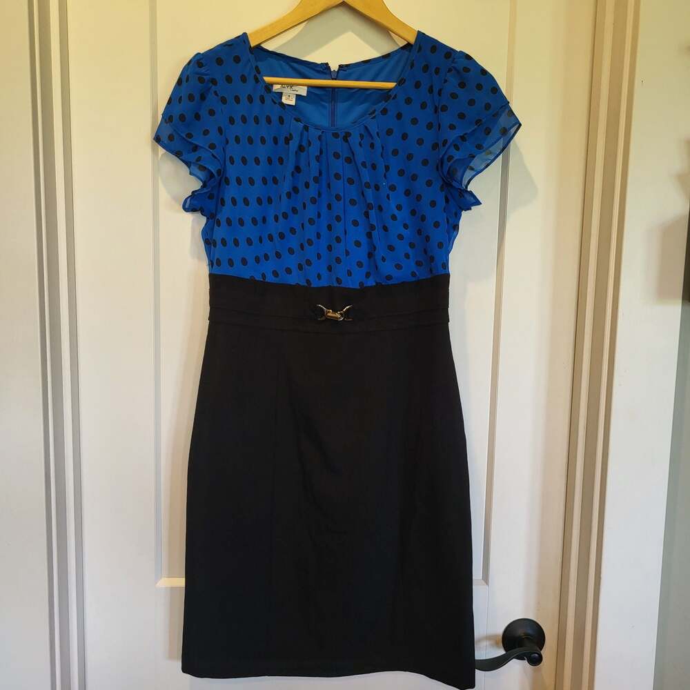 Y2k 90s Alyx Limited Blue Polka Dot Flutter Sleeve Sheath Dress, size 8